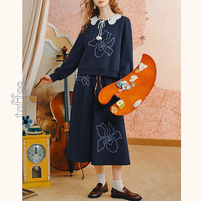 かぎ針襟と花刺繍のネイビーセット《Z01135》
