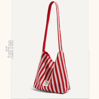 【2color】ストライプ柄×無地ロゴプリントキャンバスショルダーバッグ　《Z00803》