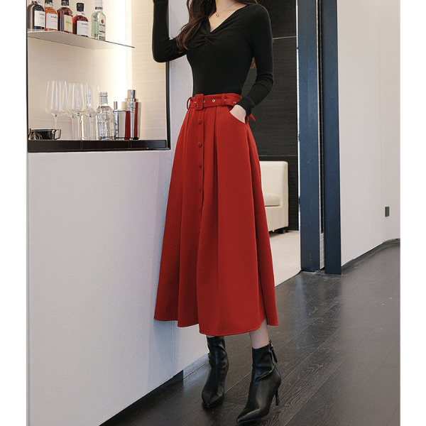 【2color】ベルテッドウールフレアスカート X-386
