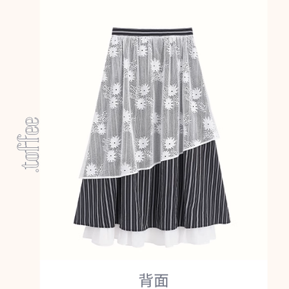 ストライプノースリーブトップ＆レース装飾ロングスカートセットアップ《Z01028》