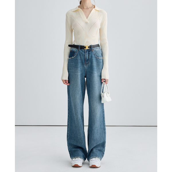 デニムブルーハイウエストワイドレッグジーンズ X-539