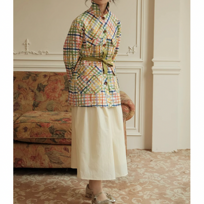 小花×チェック柄のカラフルシャツ Z00078