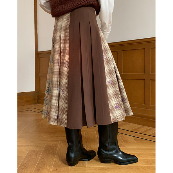 パッチワークプリーツロングスカート Z00106