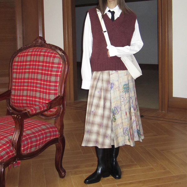 パッチワークプリーツロングスカート Z00106