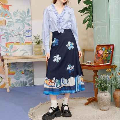 レトロ可愛い花刺繍レイヤードスカート《Z01056》