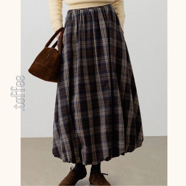 チェック柄ポケット付きバルーンロングスカート　《Z00720》