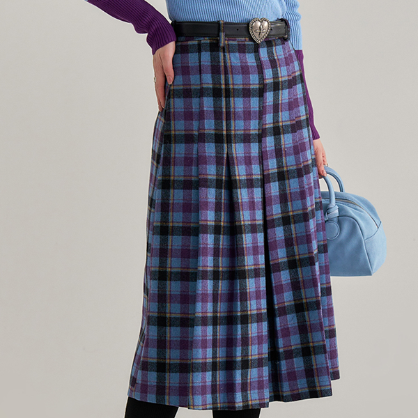 ハイウエストチェック柄ミモレ丈スカート　《Z00656》