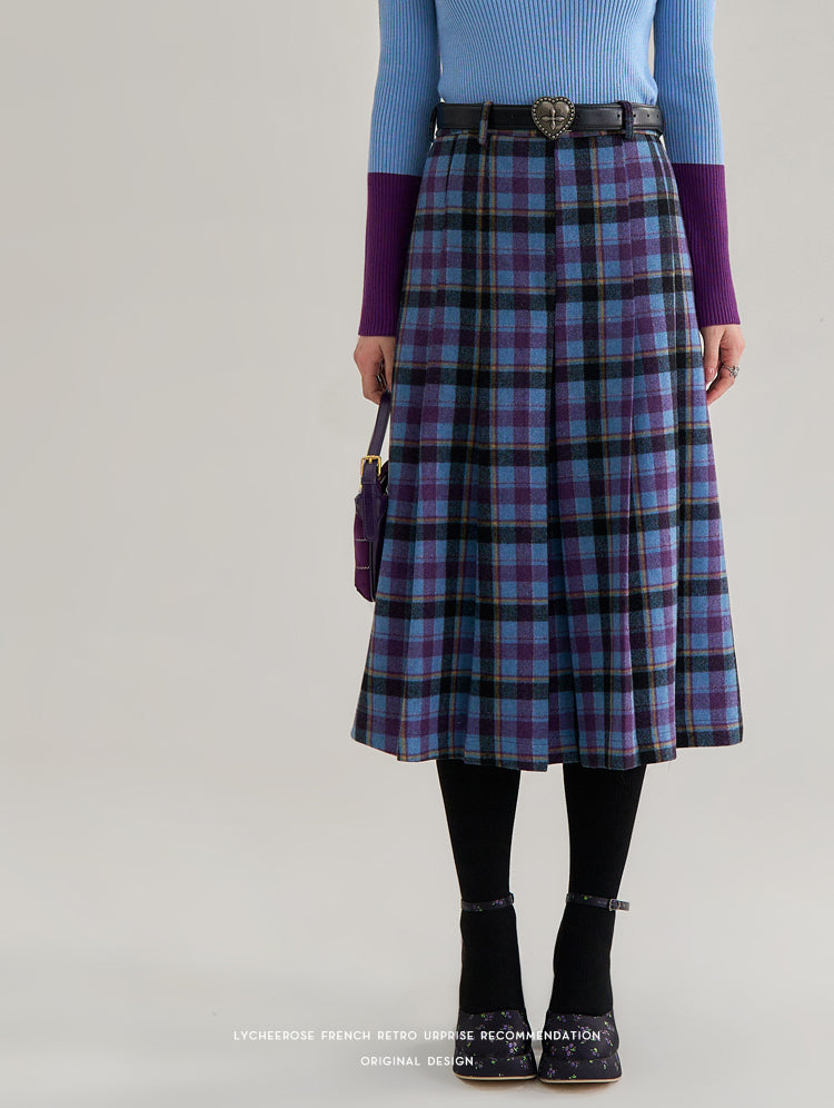 ハイウエストチェック柄ミモレ丈スカート　《Z00656》
