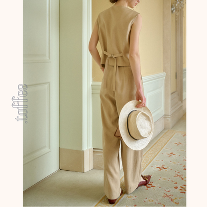 レトロ調シングルブレストベスト＆ハイウエストワイドパンツセットアップ　《Z00815》