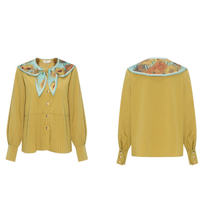 【4color】ゴッホのアートプリント入りプリーツシャツ X-516