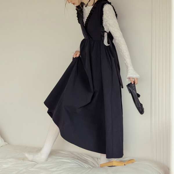 Vネックフリルロングワンピース Z00139