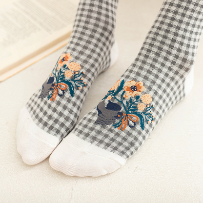 植物とハートモチーフのショートソックス5本セット Z00007