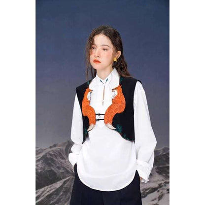 フォックス刺繍ブラックベスト C0097