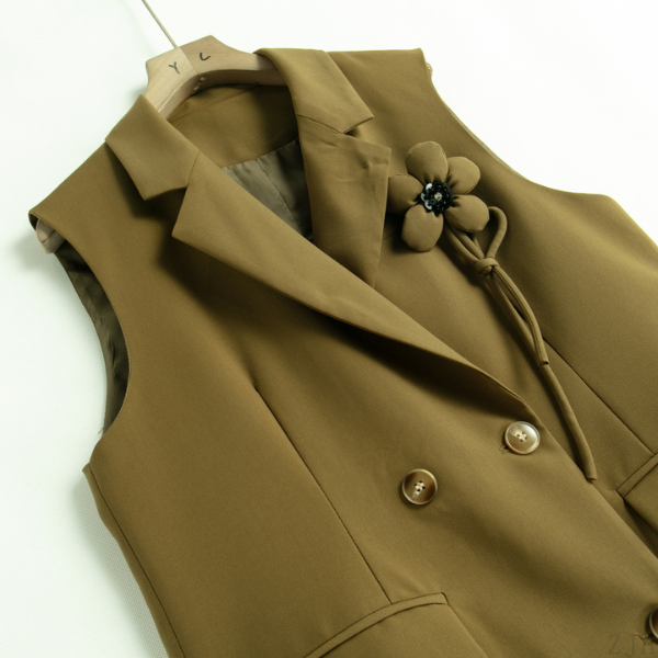 【2color】フラワーブローチ ダブルブレスト ベストジャケット X-427