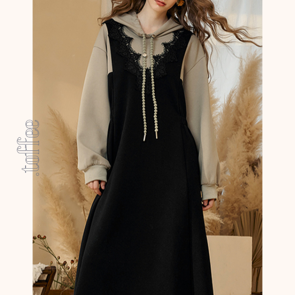 レイヤード風フード付きロングワンピース　Z00532