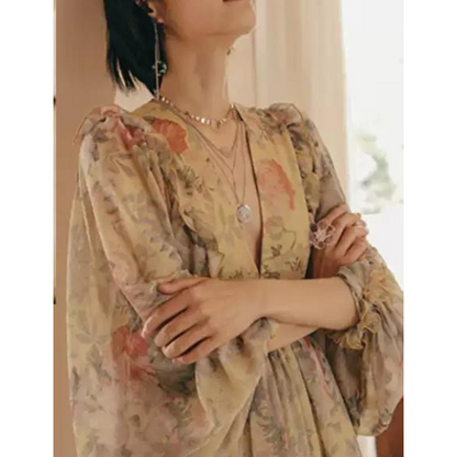 フラワープリントボリュームスリーブワンピース X-046