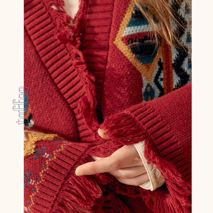 【2color】フリンジ付き北欧風ミドル丈カーディガン　《Z00671》