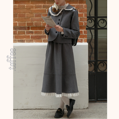 リボン＆レースジャケット＆Aラインミディ丈フレアスカートセットアップ　《Z00782》