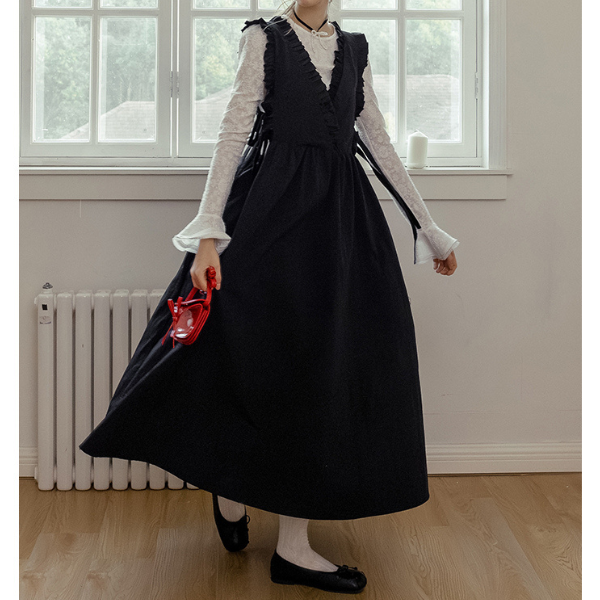 Vネックフリルロングワンピース Z00139