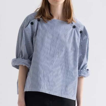 スクエアネックストライプドロップショルダーシャツ《Z00906》