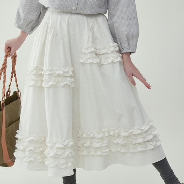 【2color】レースディテールハイウエストフレアスカート　《Z00729》