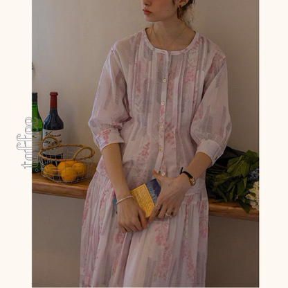 桜ピンクプリーツシャツ＆ミモレ丈ティーアドスカートセットアップ《Z00867》