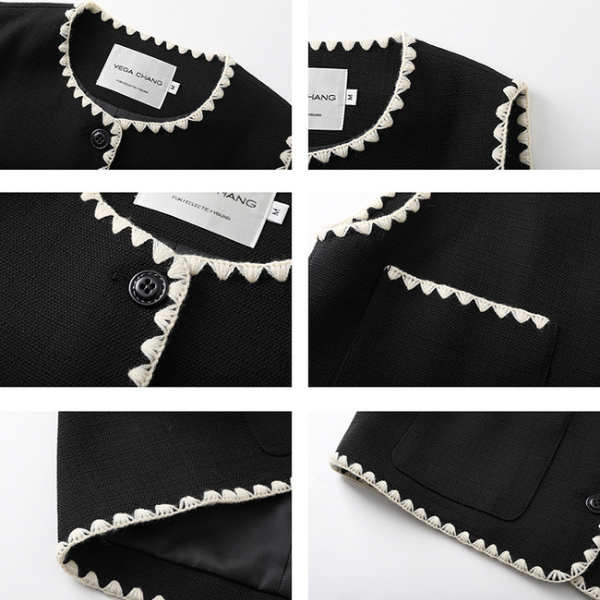 刺繍トリミングのショートベスト X-295