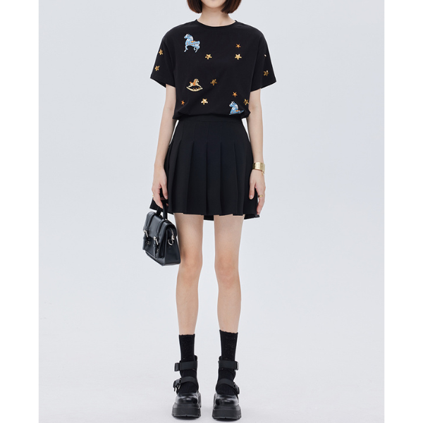 ポニーと星の刺繍入り半袖ニットトップ Z00203