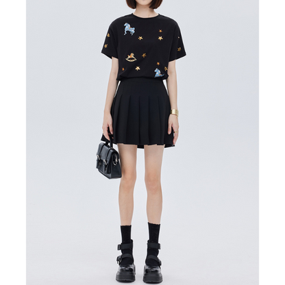 ポニーと星の刺繍入り半袖ニットトップ Z00203