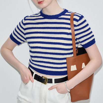 ハーフクルーネックストライプニットトップ Z00320