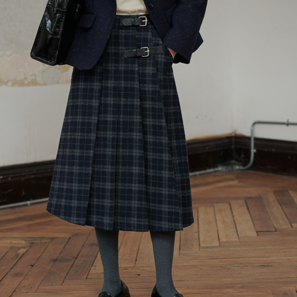 【2color】チェック柄ミモレ丈プリーツスカート　Z00565