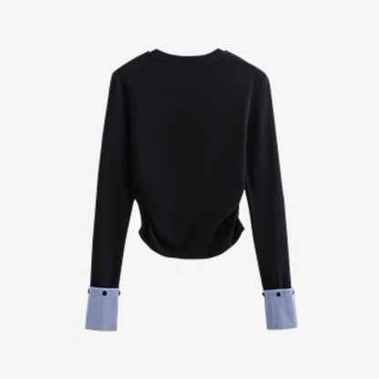 【2color】ギンガムチェックカフスクルーネックトップ《Z00926》