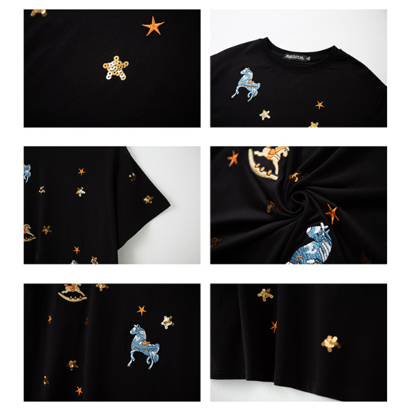 ポニーと星の刺繍入り半袖ニットトップ Z00203