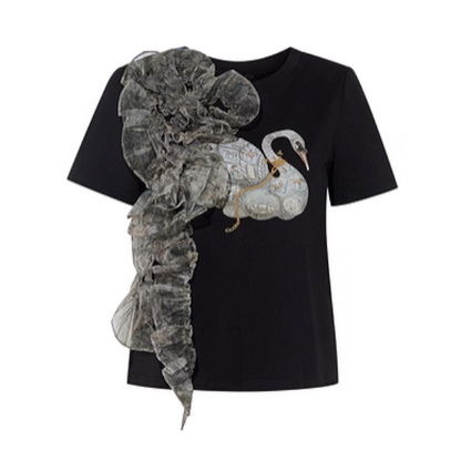 チュールリボンと水鳥プリントのブラックTシャツ《Z01060》