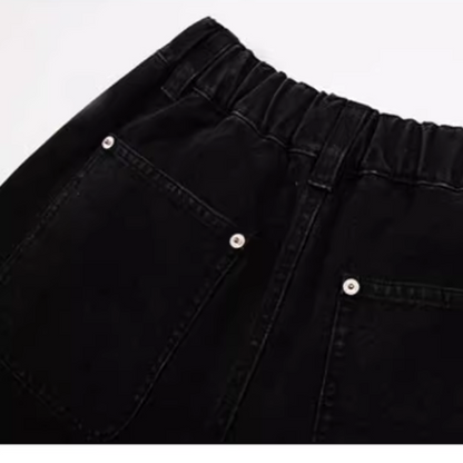 フラワーアップリケ付きブラックワイドデニムパンツ Z00305