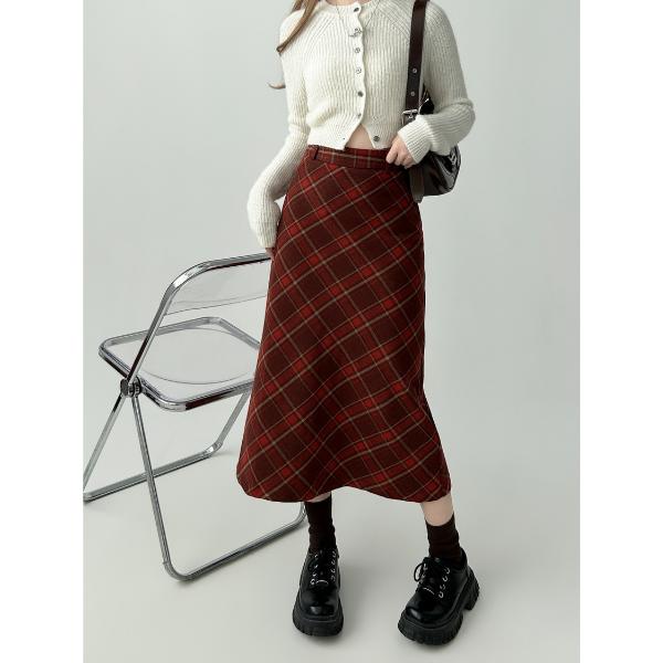 タータンチェックAラインロングスカート X-515