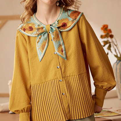 【4color】ゴッホのアートプリント入りプリーツシャツ X-516