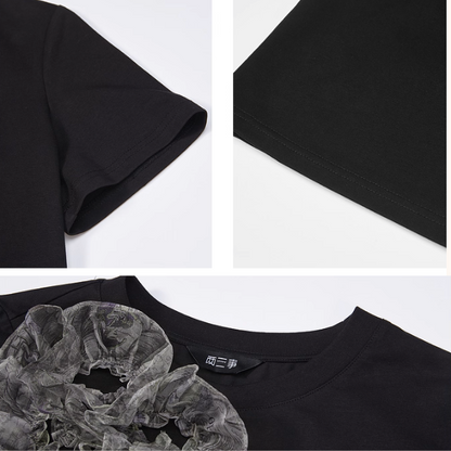 チュールリボンと水鳥プリントのブラックTシャツ《Z01060》