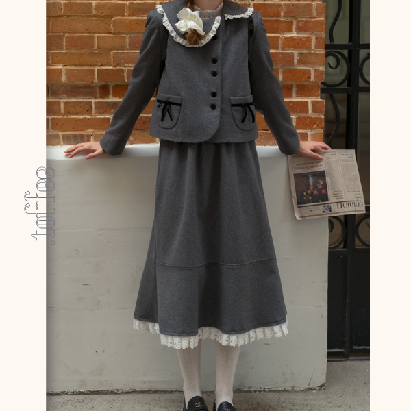 リボン＆レースジャケット＆Aラインミディ丈フレアスカートセットアップ　《Z00782》