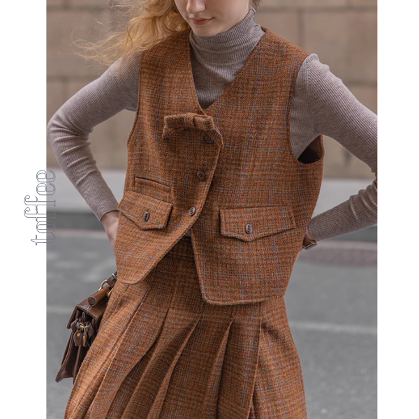 【3color】チェック柄リボン装飾ジレ＆ミモレ丈プリーツスカートセットアップ《Z00858》