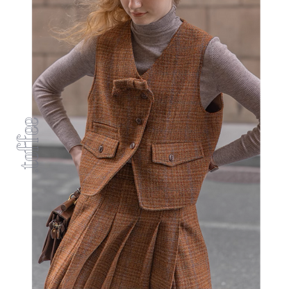 【3color】チェック柄リボン装飾ジレ＆ミモレ丈プリーツスカートセットアップ《Z00858》