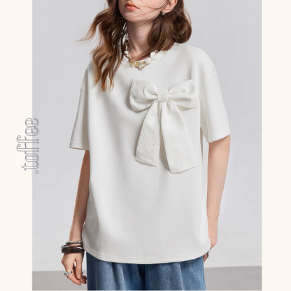 【2color】ビッグリボンクルーネック半袖Tシャツ《Z00933》