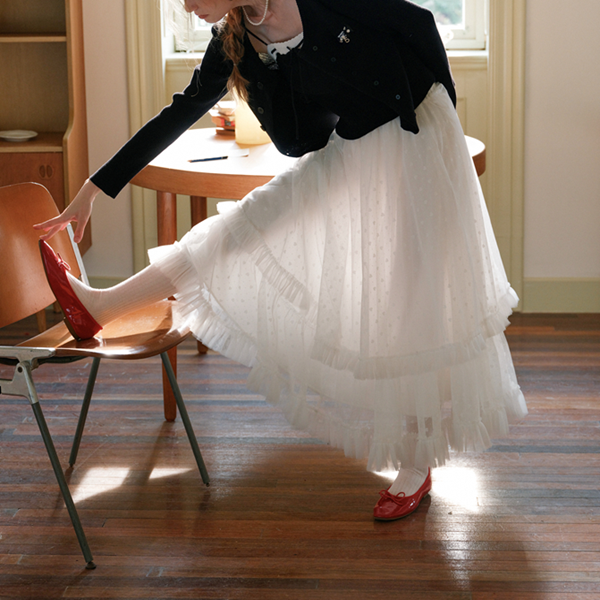 フリル＆メッシュホワイトロングスカート　Z00570