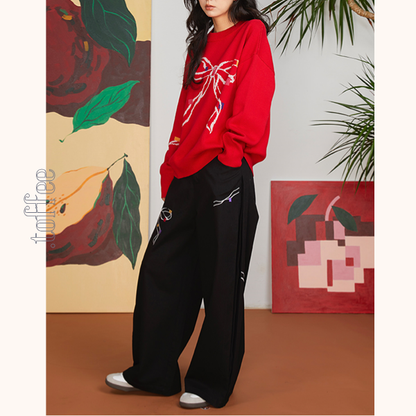 リボン刺繍ルーズストレートパンツ　《Z00700》