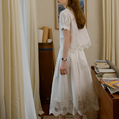 レーズヘムブラウス＆フローラルレースミモレ丈スカートセットアップ《Z00896》