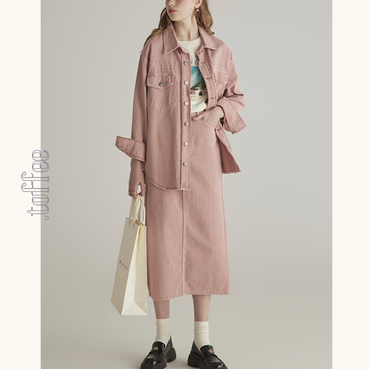 ピンクデニムジャケット＆ミモレ丈ストレートスカートセットアップ　《Z00776》