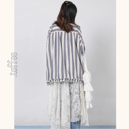 【2color】ストライプ柄フリル装飾シャツ《Z00894》