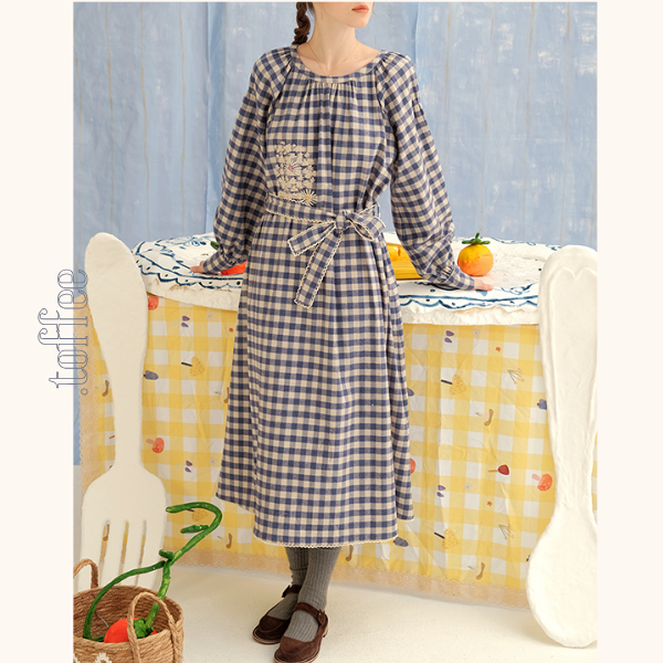 ギンガムチェックウエストリボンロングワンピース　《Z00757》