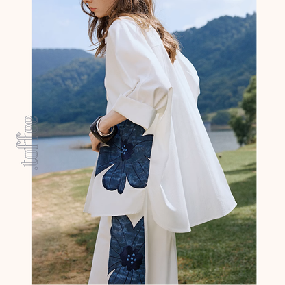 フラワー刺繍オーバーサイズシャツ＆Aラインミモレ丈スカートセットアップ《Z00927》