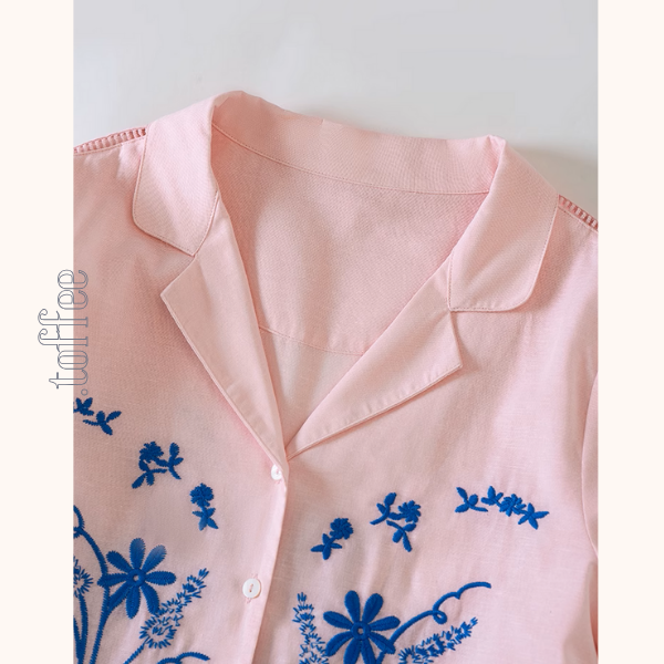 フラワーベース刺繍シャツ＆ショートパンツセットアップ《Z01006》